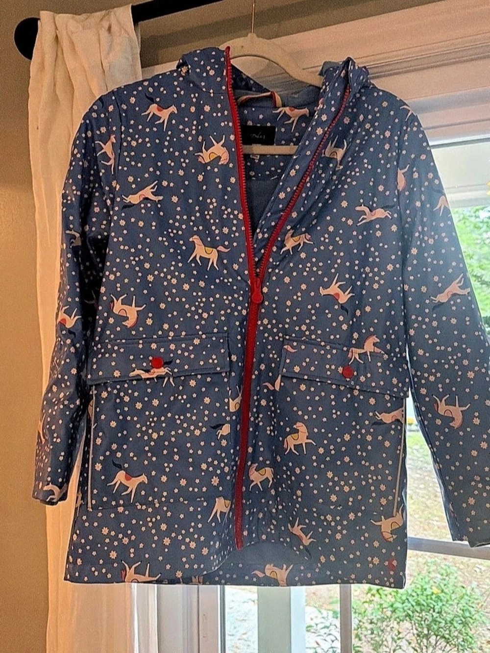 Joules Raindance Waterproof Print Jacket Girls' Blue & Pink Rain Jacket Waist 11